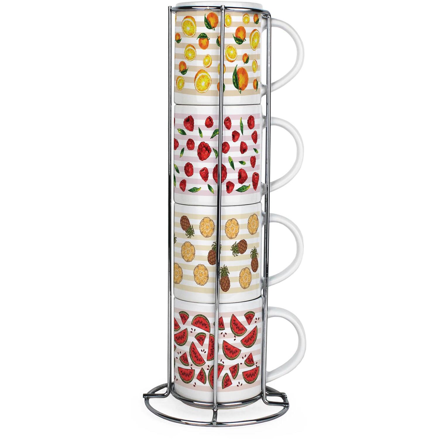 B&Q -  Striped Fruits Stacking Mugs SetColourful Set Of 4 Ceramic Mugs Gift Set With Metal Stand - Image 3