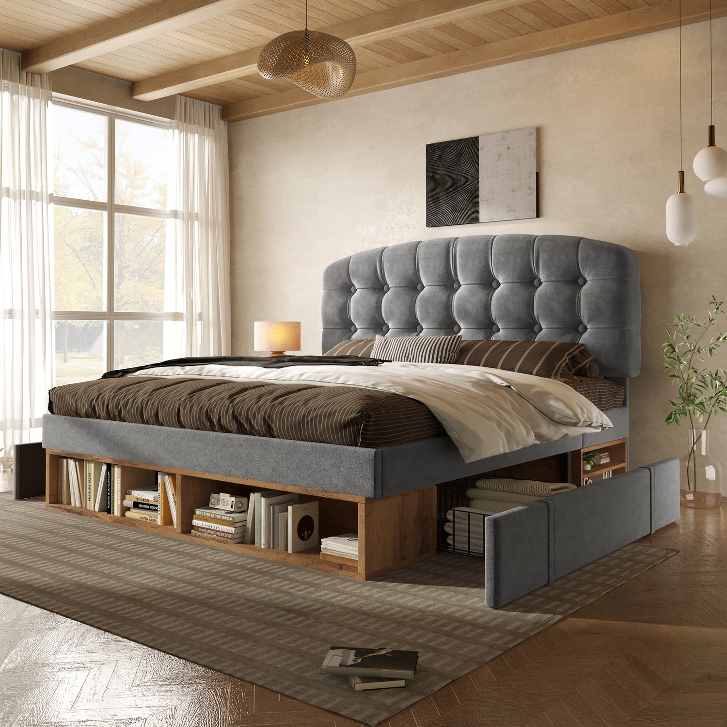 Aka Double Velvet Storage Bed With Drawers & Adjustable Headboard, Grey - Grey