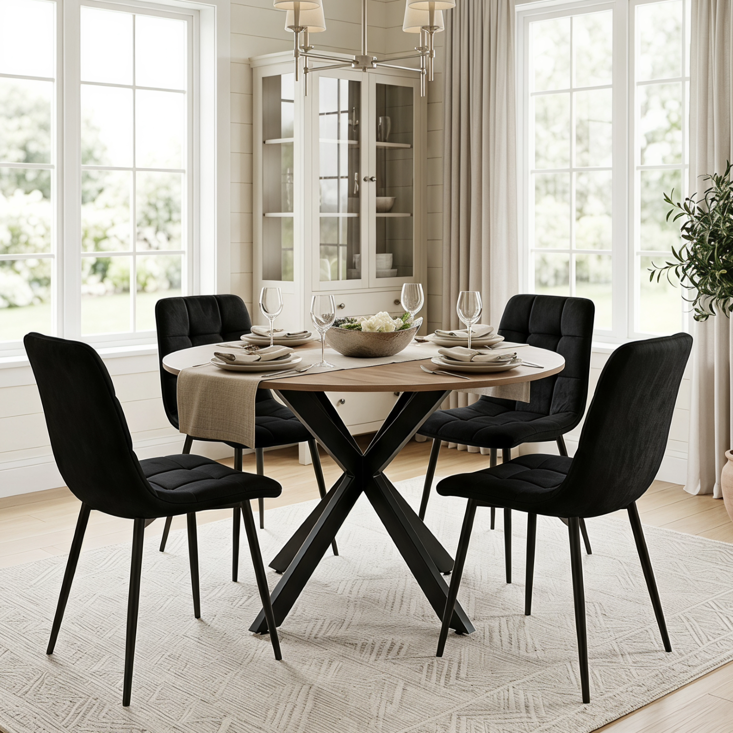 Kosy Koala - 4 Seater Round Dining Table Set - Wood Effect Tabletop - Black Metal X-Legs - 4 Black Velvet Chairs - Image 2