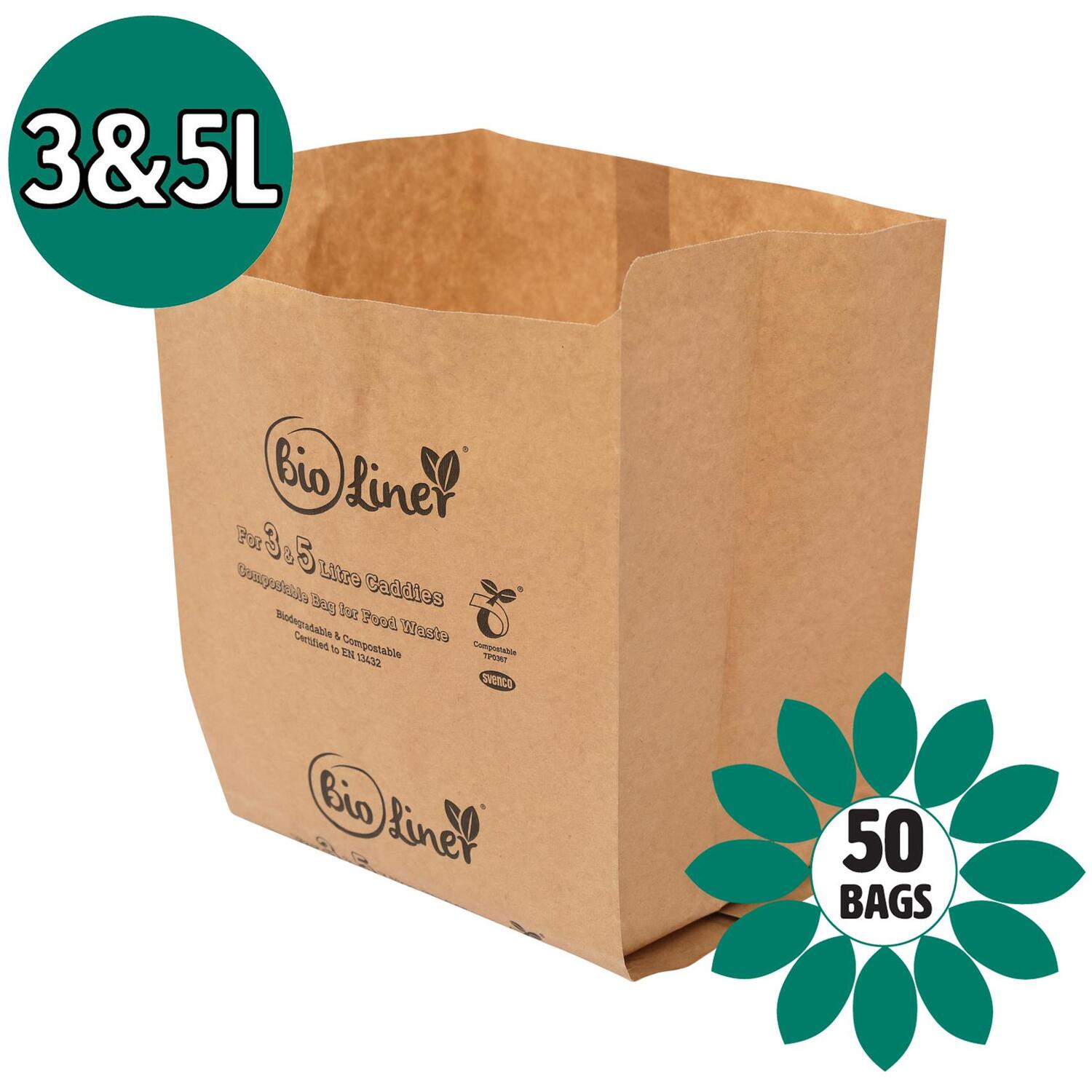 Bioliner 3 & 5L Paper Compostable Caddy Liners (Small) - 200 Bags - 50 Bags / 50