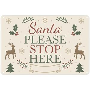 Santa Stop Here Landscape Metal Wall Plaque - Christmas Décor Gift - Neutral