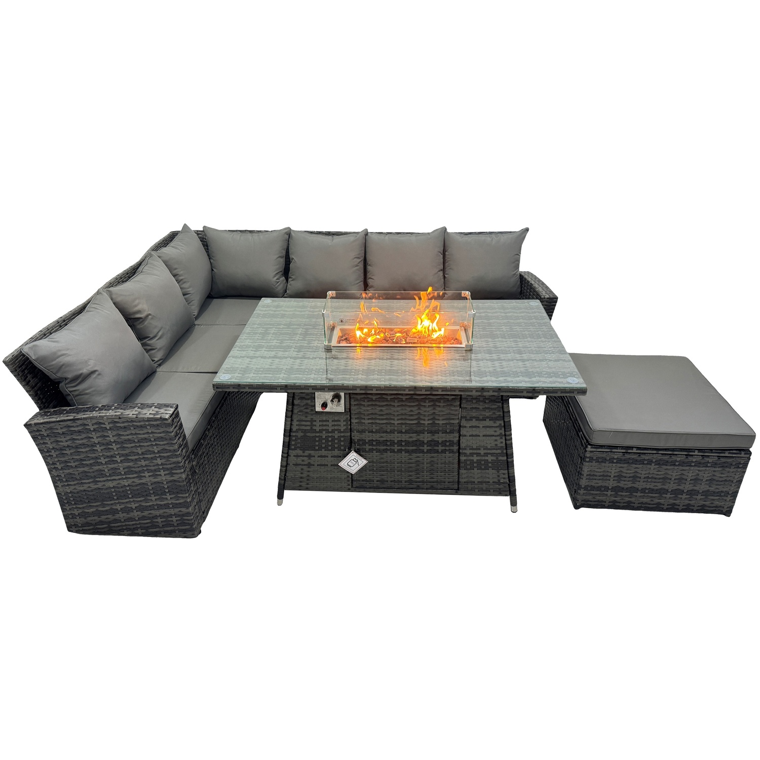 Fimous 7 Seater Outdoor High Back Rattan Gas Fire Pit Corner Sofa Dining Set Garden Furniture Heater Dining Table Left Side - Image 3