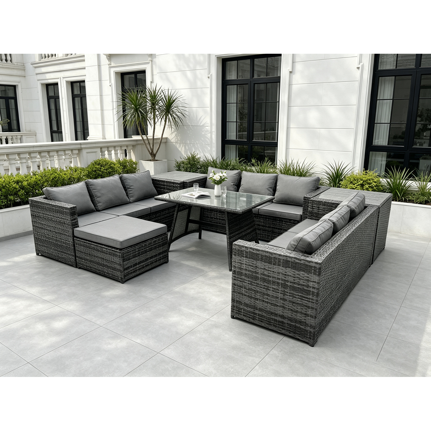 Fimous Dark/Grey 10 Seater Wicker Pe Rattan Outdoor Furniture Lounge Sofa Garden Dining Set With Dining Table 2 Side Tables Big Footstool Mixed - Image 2