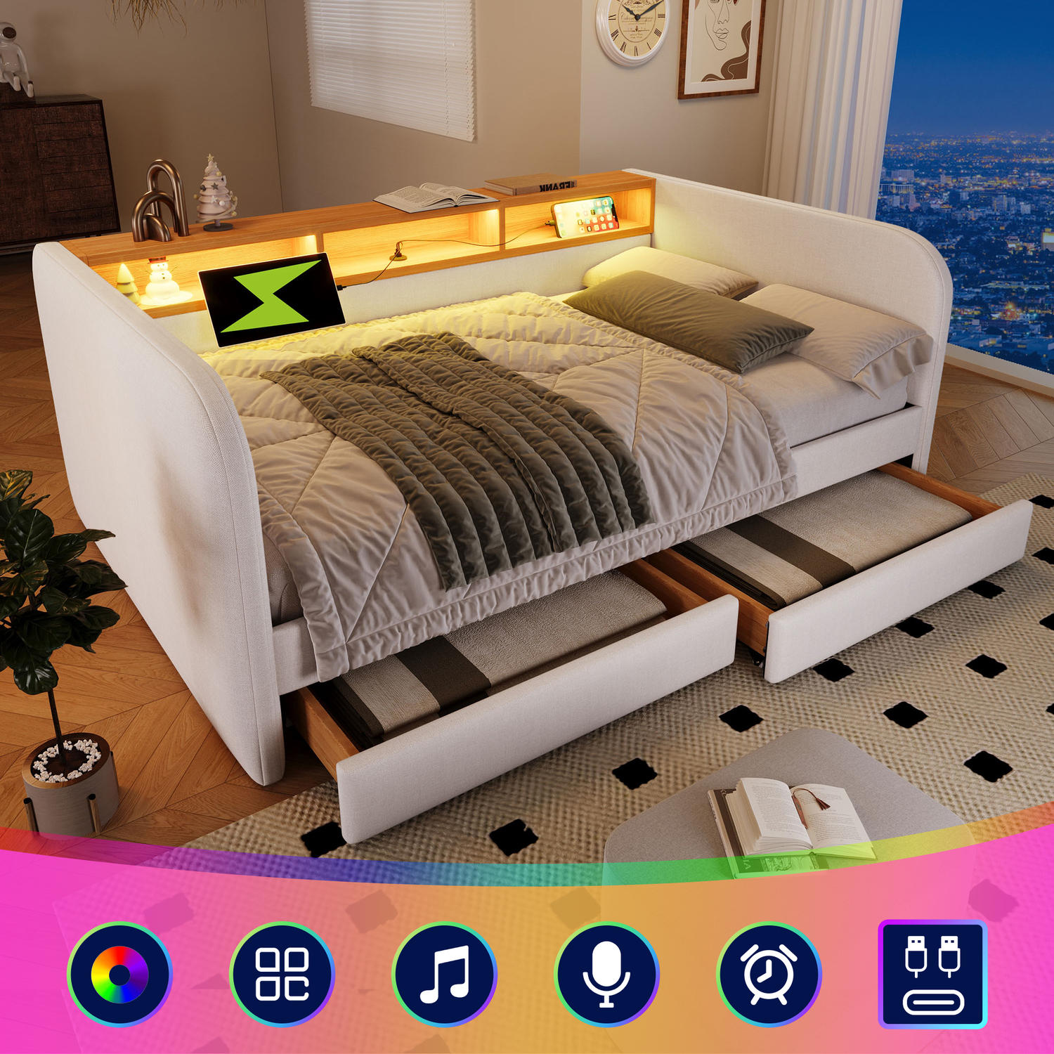 Aka Linen Daybed With Headboard Storage, Led, Usb-C & 2 Drawers - Cream