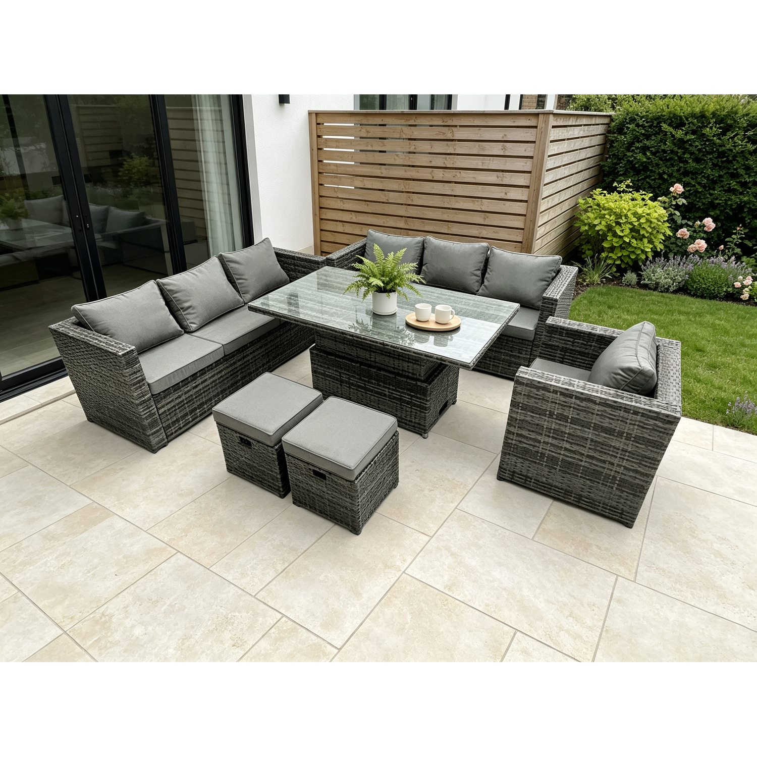 Fimous Unisex Dark Grey Wicker Pe Garden Furniture Rattan Sofa Set Outdoor Adjustable Rising Lifting Dining Table Set With Stools In Size 2 - Image 2