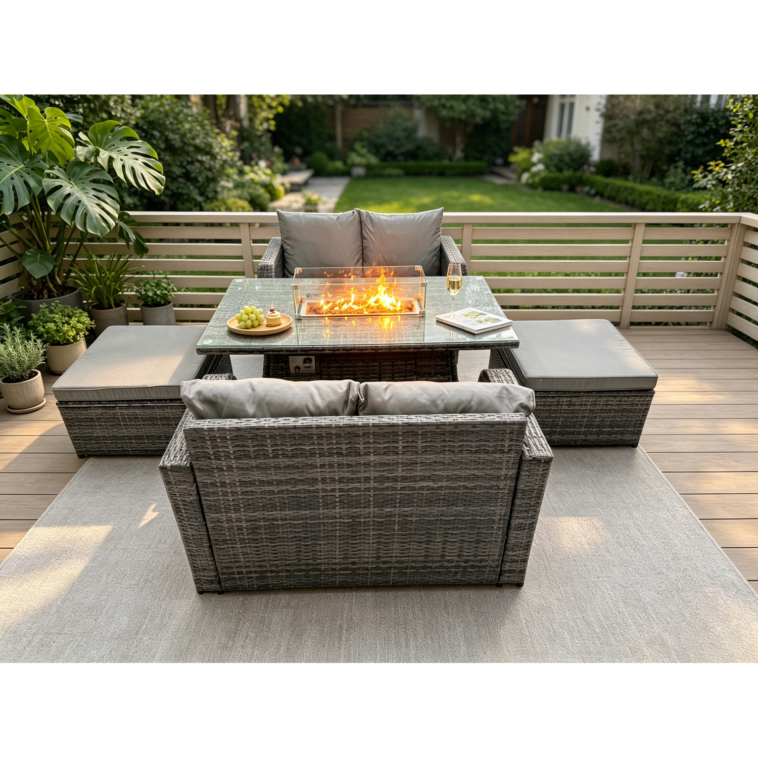 Rackhams Dark/Grey Rattan Garden Furniture Set With Gas Fire Pit Table 5 Pieces Indoor Outdoor Loveseat Sofa Set Mixed - Image 2