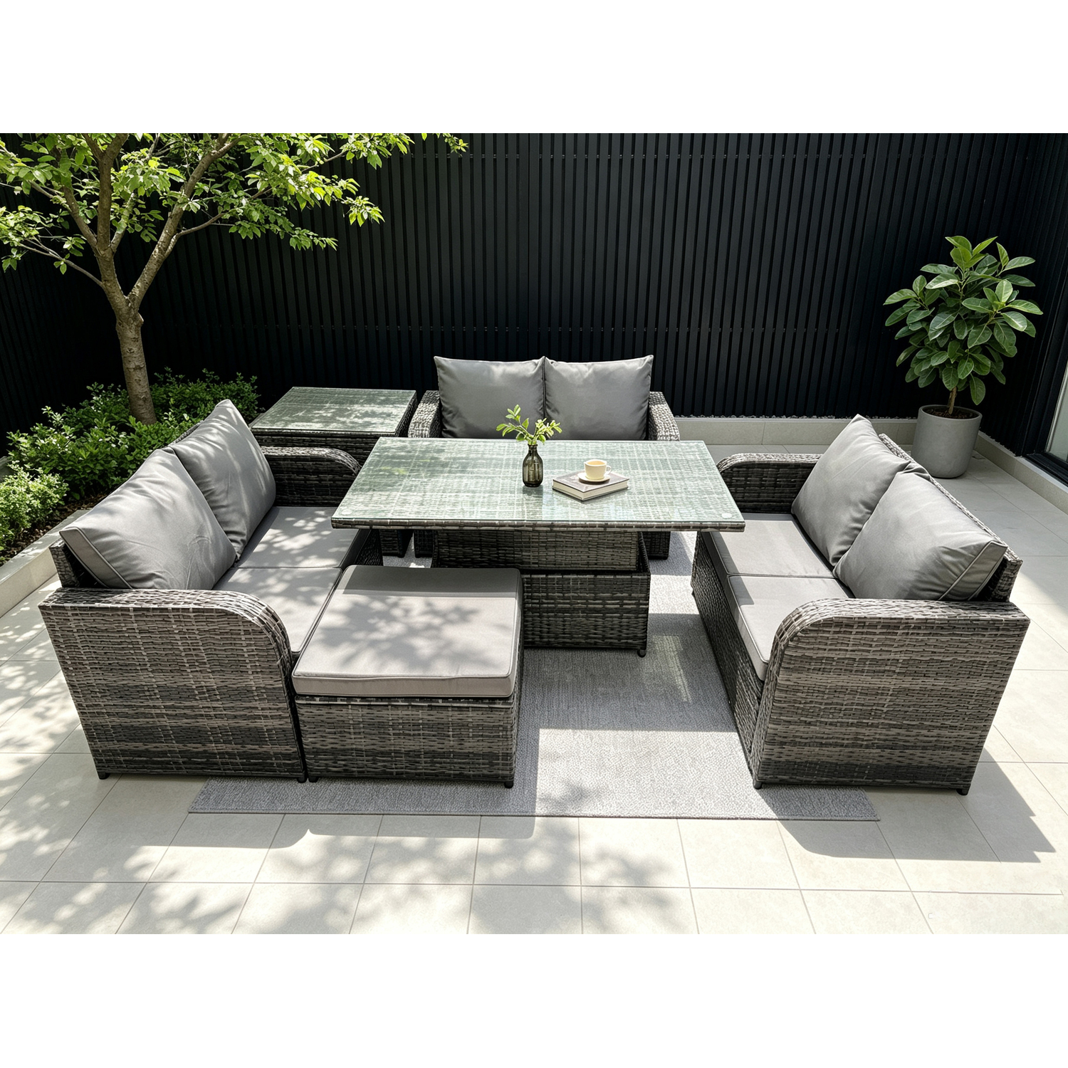 Rackhams Dark/Grey Rattan Garden Outdoor Furniture 3 Pc Love Sofa Set Patio Adjustable Rising Lifting Dining Table With Side Table Big Footstool - Image 2