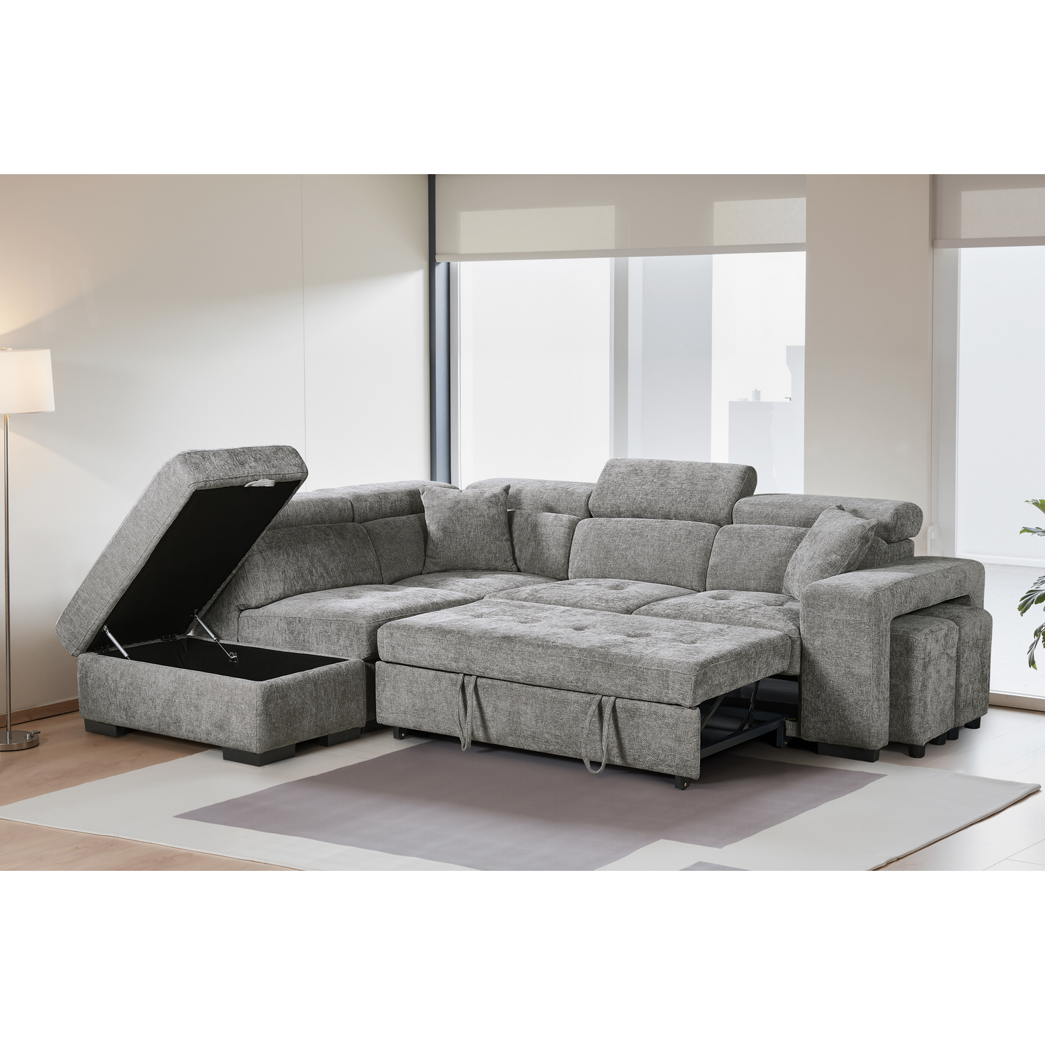 Ottman Character Grey Chenille Fabric 1C2 Corner Sofabed with Storage and Ottomans AMELIA