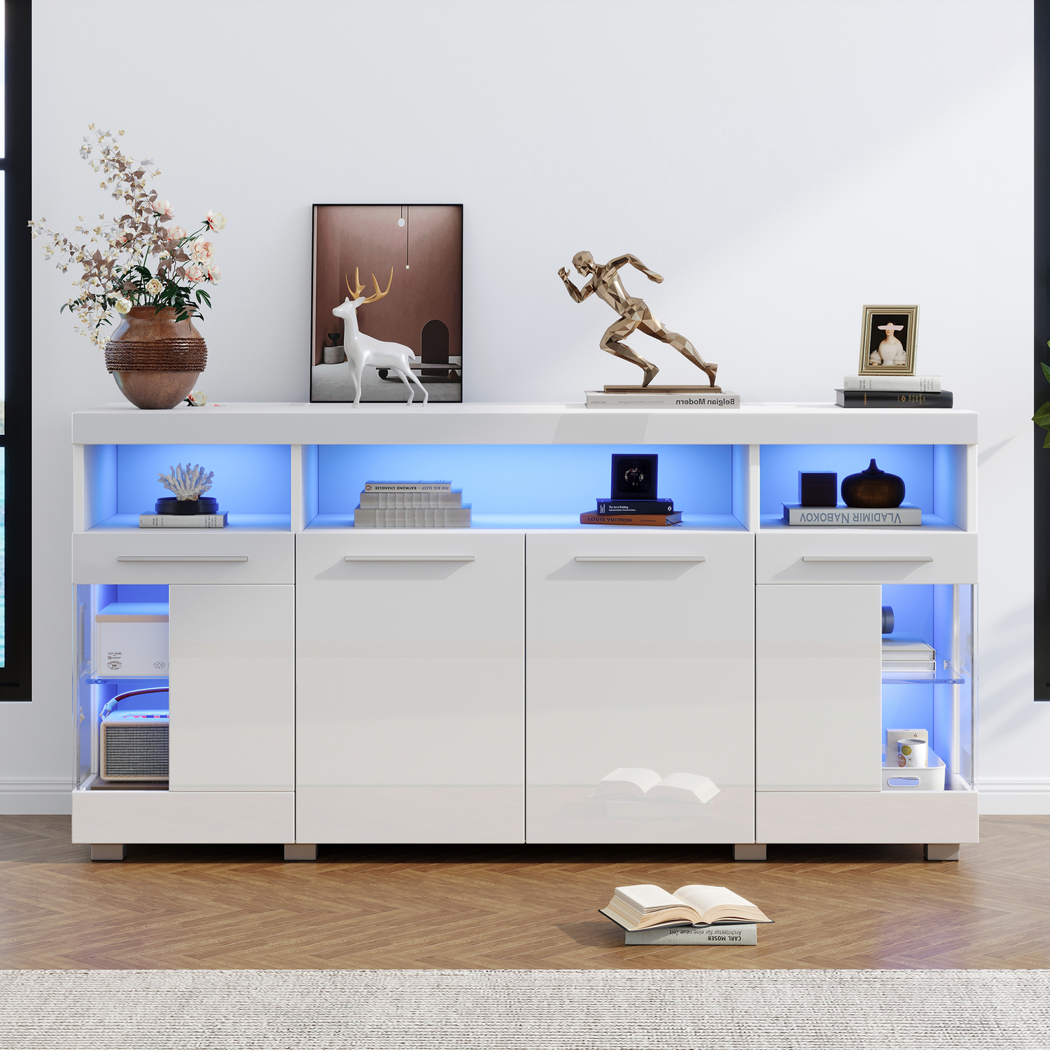 Aka High Gloss Sideboard With Led Lighting And 3-Tier Tempered Glass Display Shelves, White - White