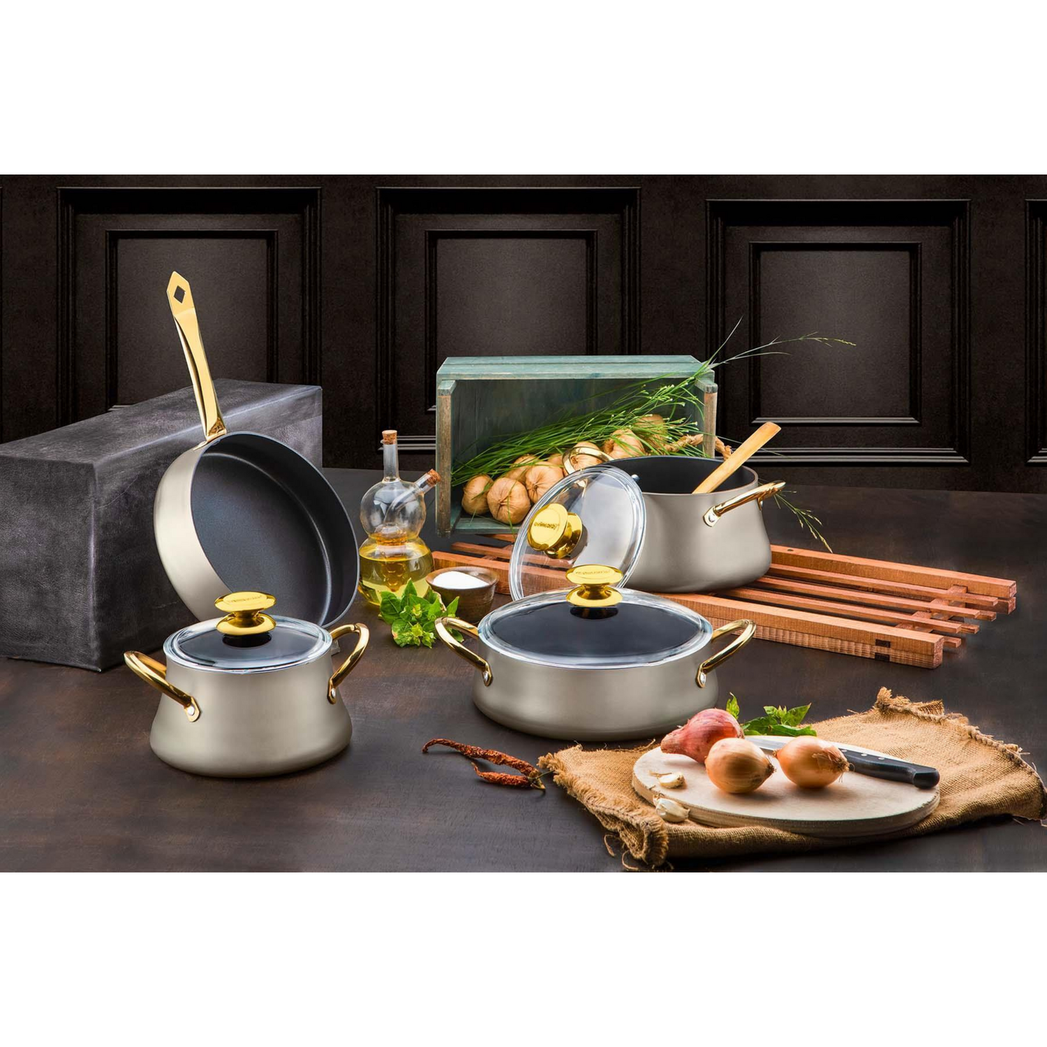 Rozi Dora Collection 7-Piece Non-Stick Granite Cookware Set - Cream Gold - Image 3