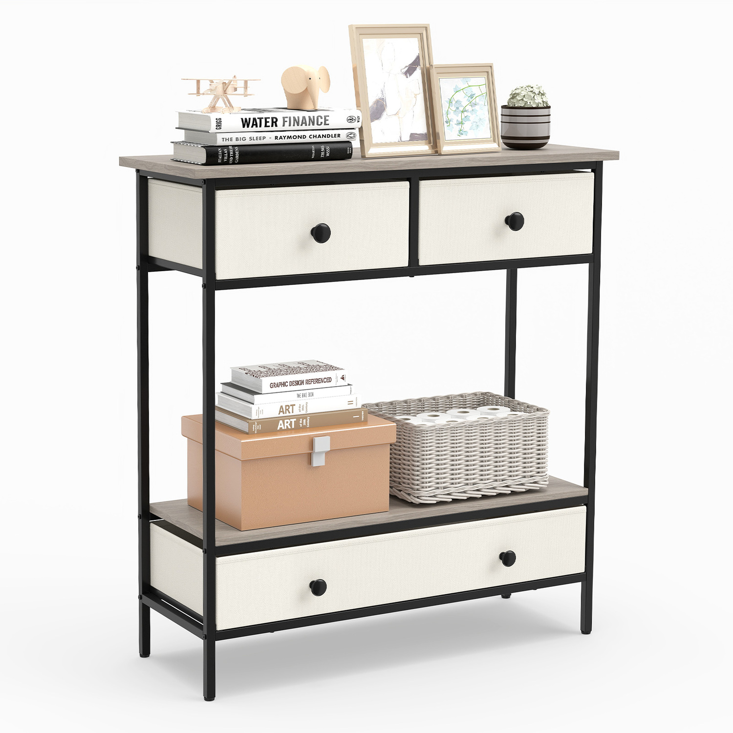 Costway Unisex Grey Console Table Entryway Table With Fabric Drawers For Living Room In Size 3 - Image 3