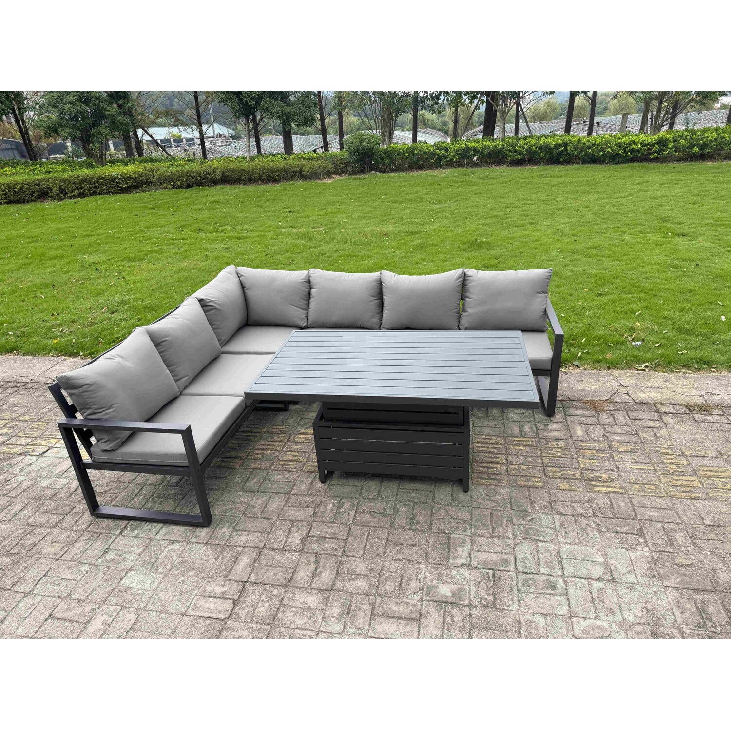 Rackhams Dark/Grey 6 Seater Aluminium Garden Furniture Set With Rising Dining Table - Image 2