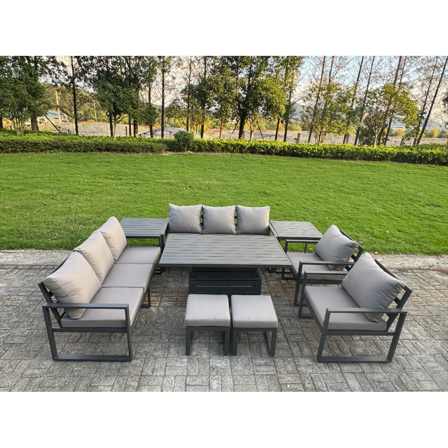 Fimous 9 Piece Garden Furniture Set 10-Seater Aluminium Outdoor Dining Set With Adjustable Rising Lifting Dining Table & Cushions 2 Side Tables Dark G - Image 3
