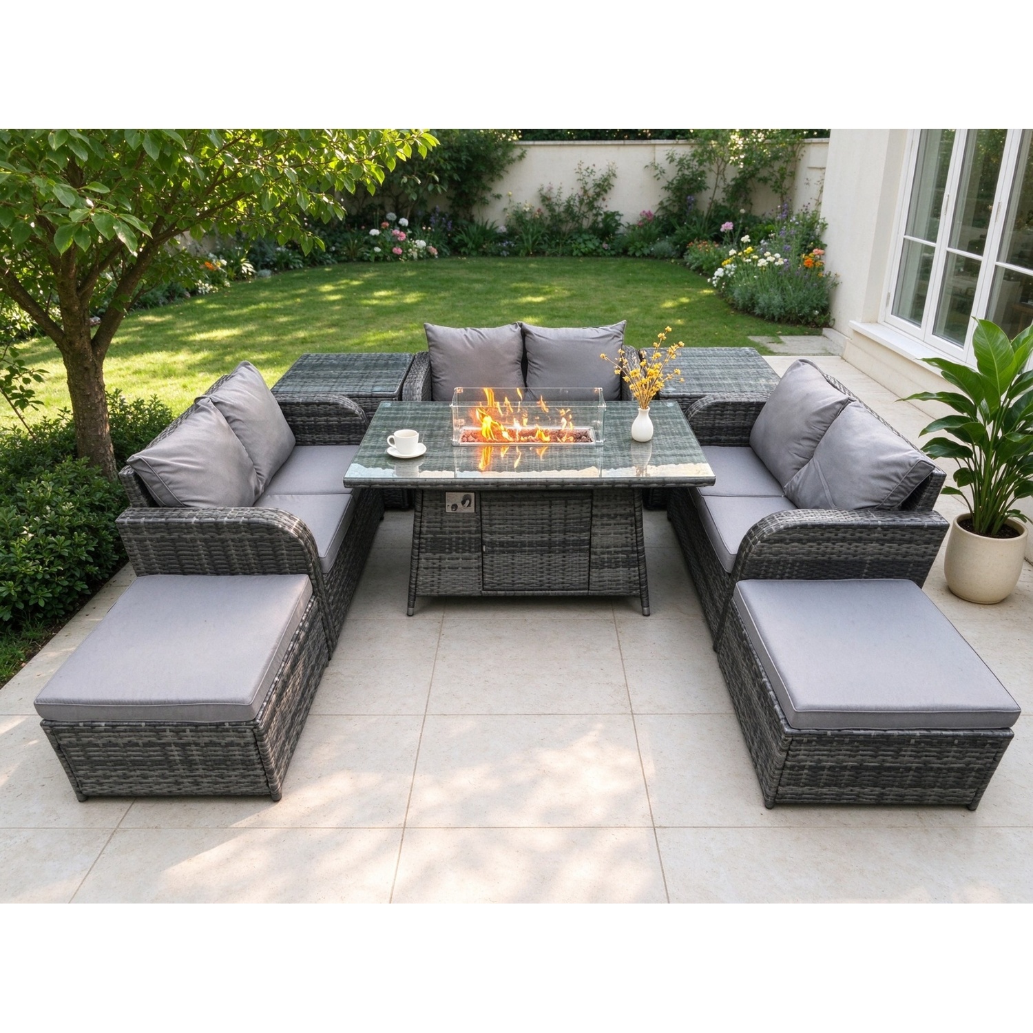 Fimous Dark/Grey Rattan Outdoor Garden Furniture Sofa Set Gas Fire Pit Dining Table Gas Heater With 2 Side Tables Love Sofa 2 Big Footstool Mixed - Image 2