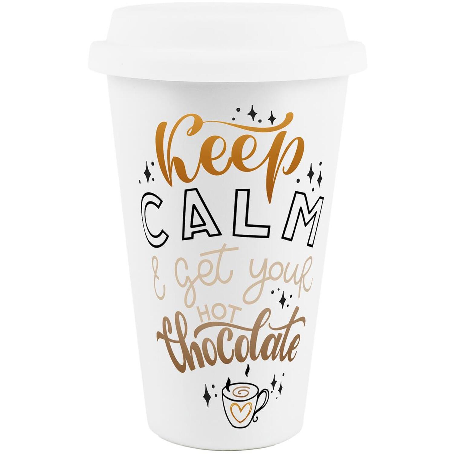 B&Q -  Reusable Ceramic Travel MugKeep Calm And Get Your Hot ChocolateSilicone Lid Double-Walled Insulated Hot/cold Drinks Gift Mug - Image 3