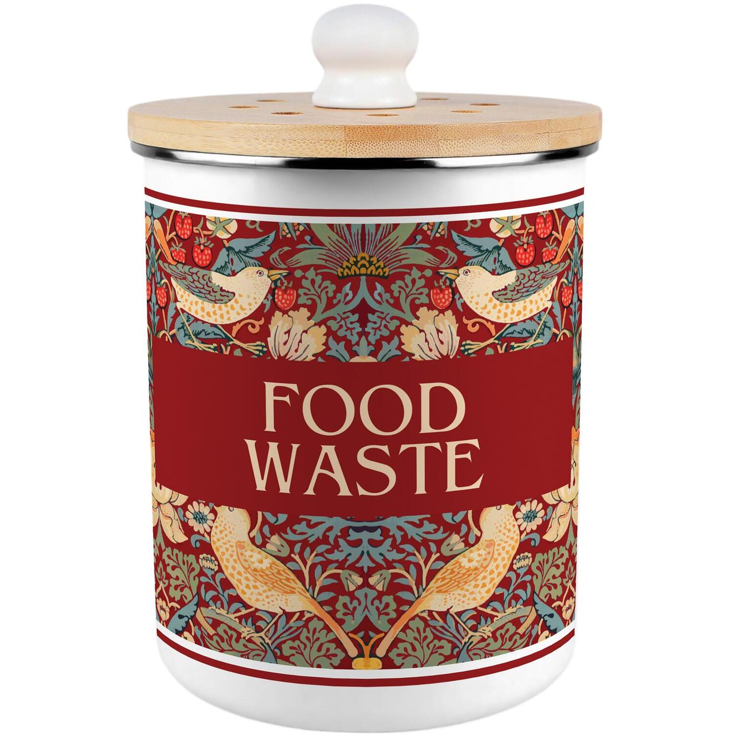 B&Q - Red Strawberry Thief Food Waste CaddyDecorative Kitchen Compost Bin2L - Image 2