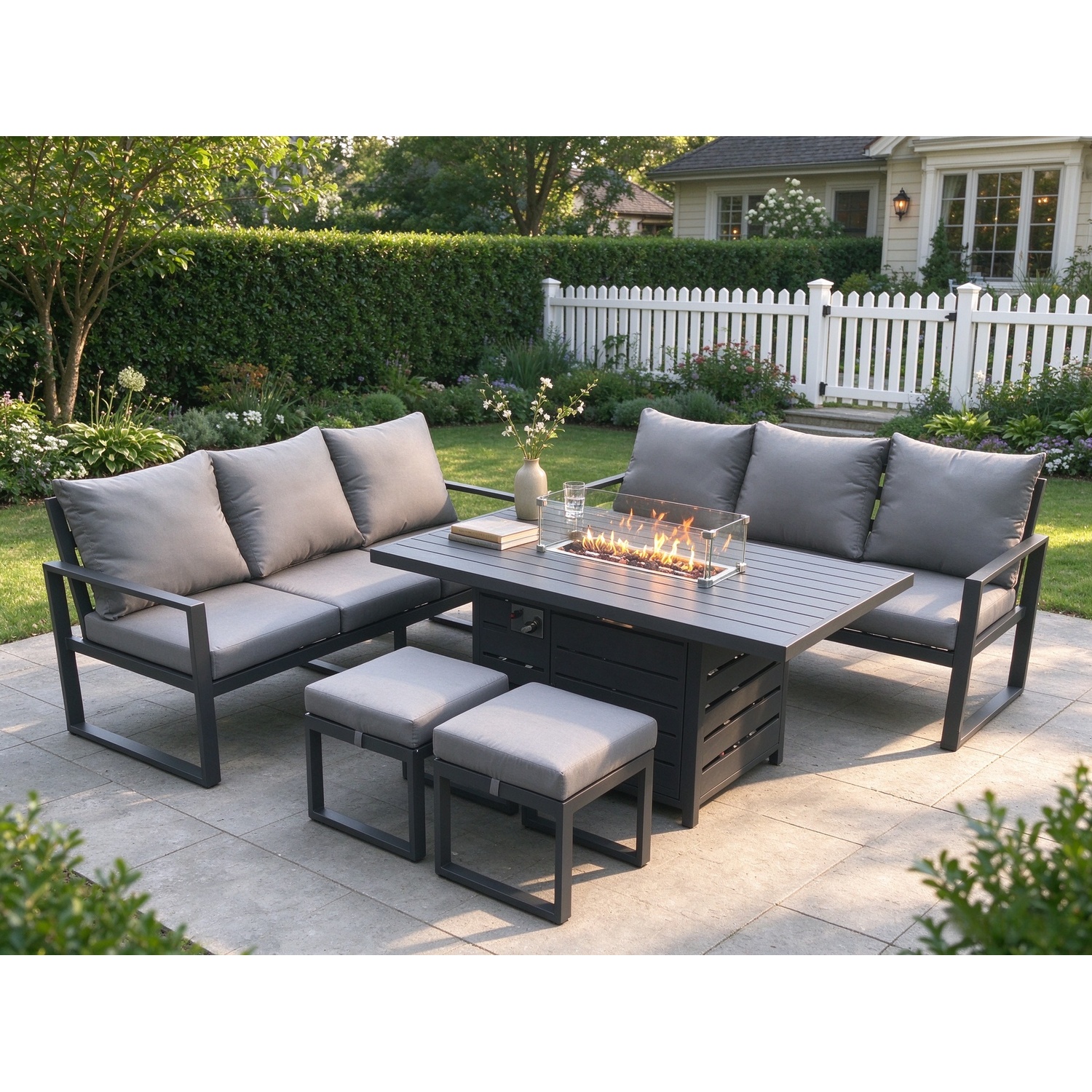 Fimous Dark/Grey Aluminium 8 Seater Outdoor Garden Furniture Lounge Sofa Set Gas Fire Pit Dining Table With 2 Small Footstools - Image 2