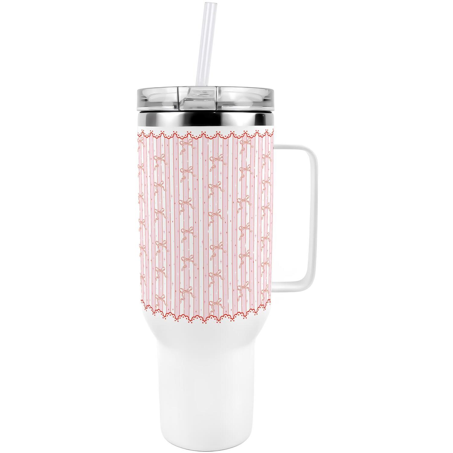 40oz Tumbler with Straw and Lid - Pink Bows Stainless Steel XL Travel Cup Gift - Image 2