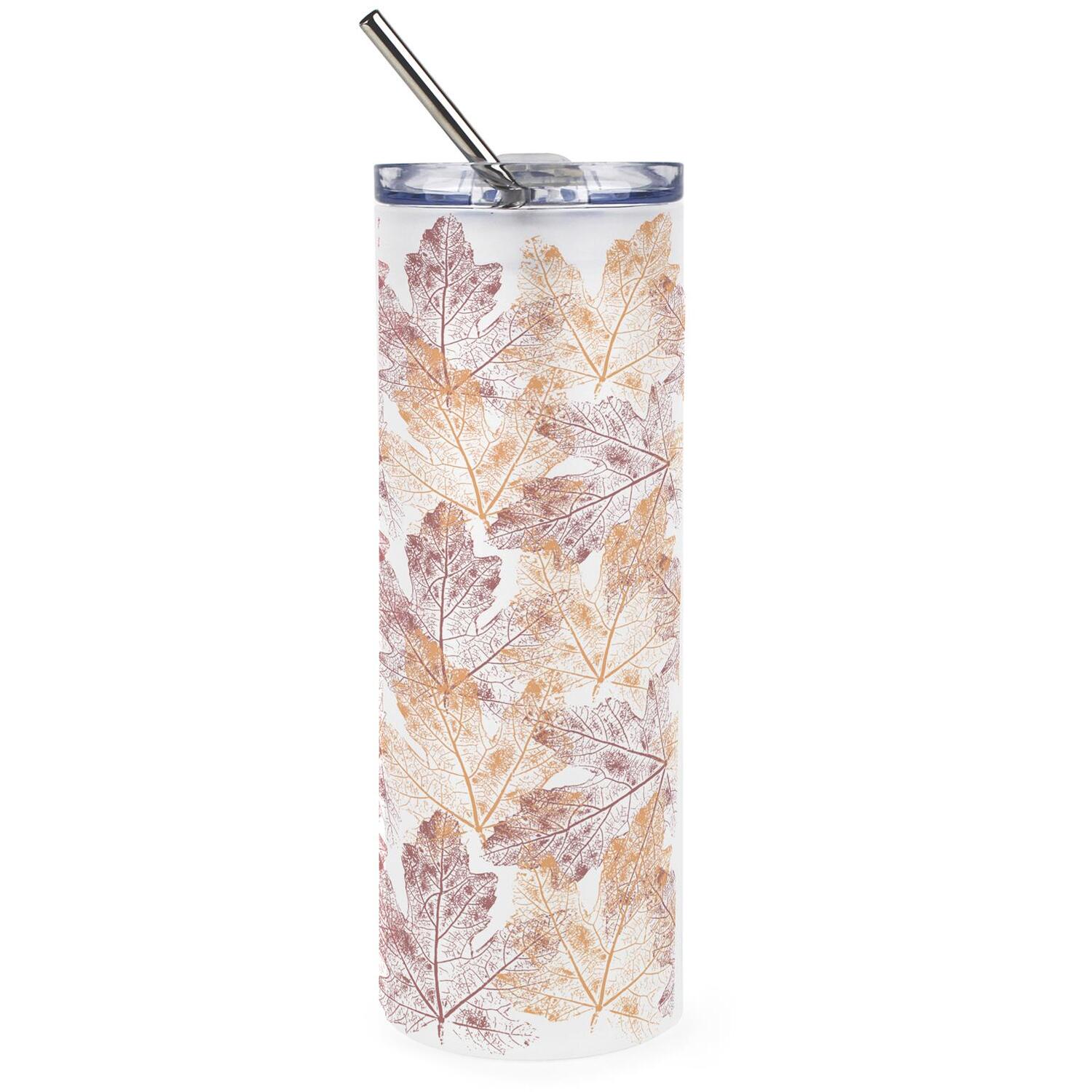 B&Q -  Autumn Leaves Frosted Glass Travel Flask With Straw - Image 3