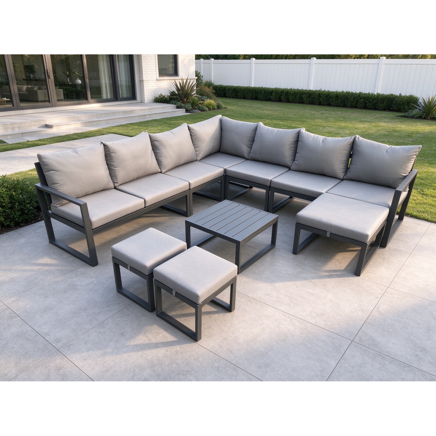 Rackhams Dark/Grey Aluminium Outdoor Garden Furniture Set Lounge Corner Sofa Square Coffee Table Sets With 3 Footstools - Image 2