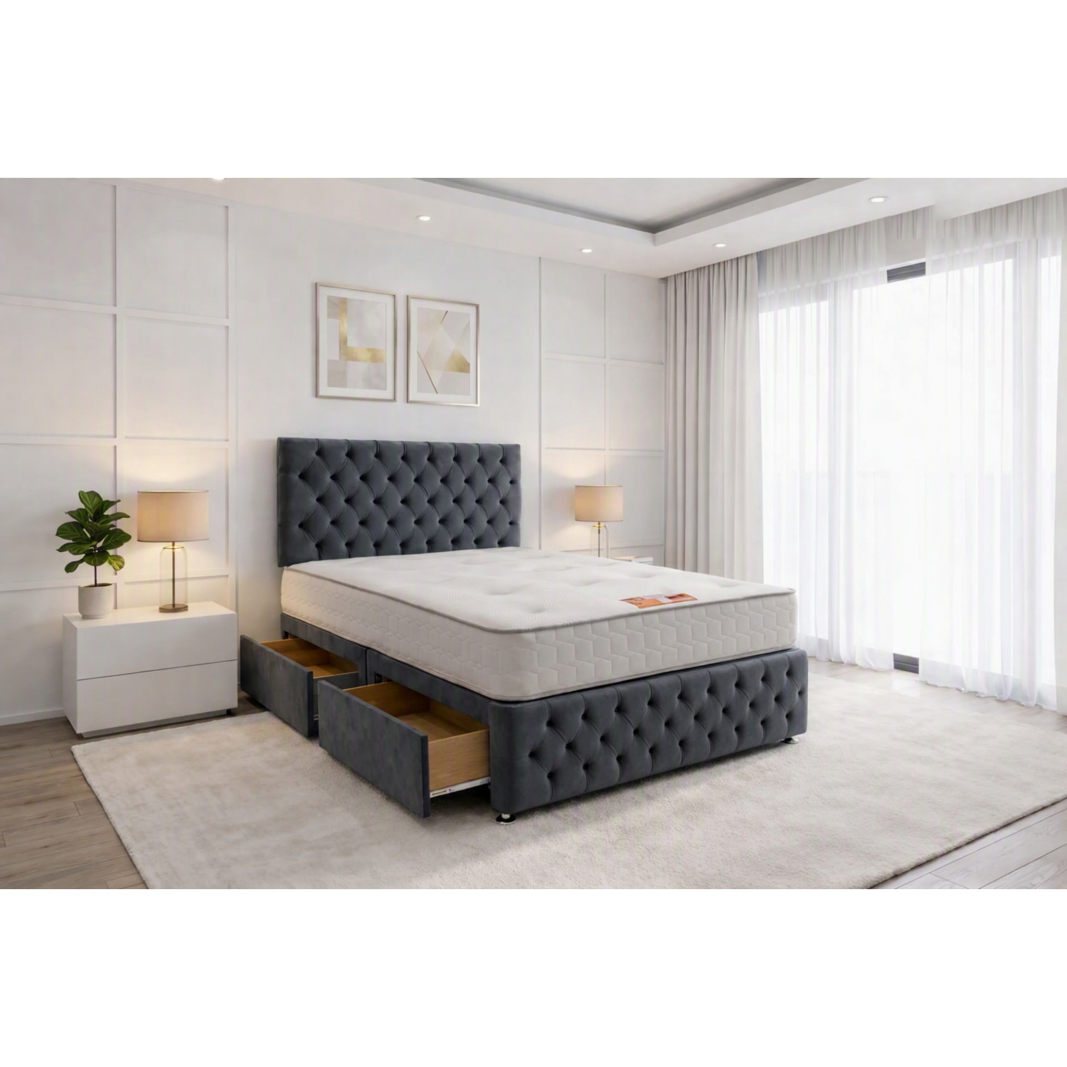 Knight Sleep Delaware Charcoal Plush 6Ft Princess Sprung Divan Bed Set, 2 Drawers