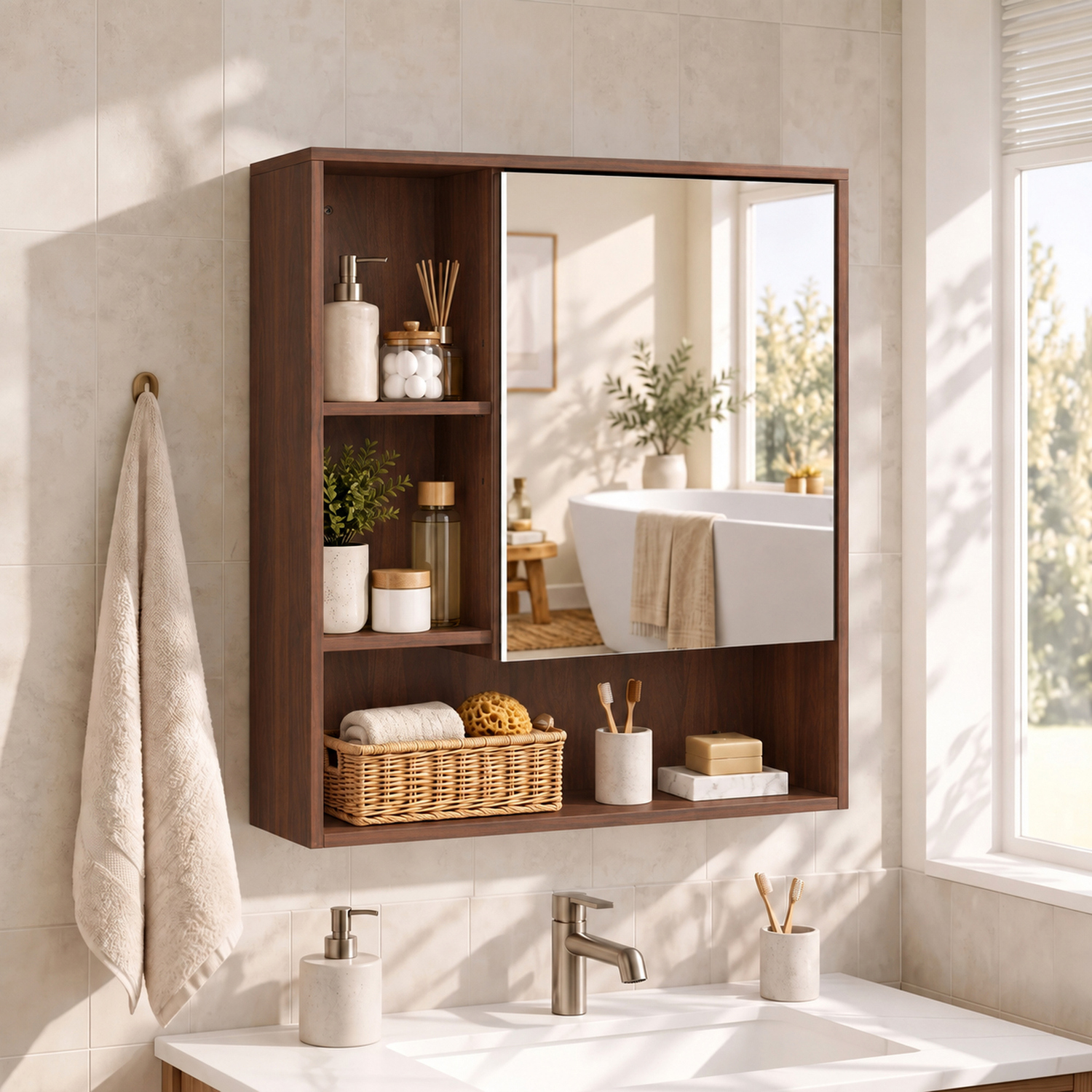 B&Q - Bathroom Mirror CabinetAdjustable ShelvesWalnut Brown - Image 3