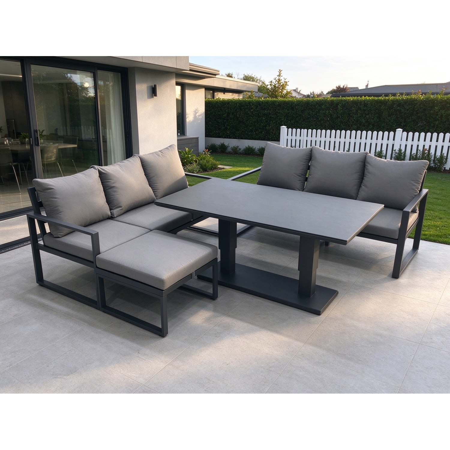 Fimous Unisex Dark Grey Seater Aluminium Outdoor Garden Furniture Set With Adjustable Rising Lifting Dining Table 3 Seater Sofa Big Footstool Size 7 - Image 2