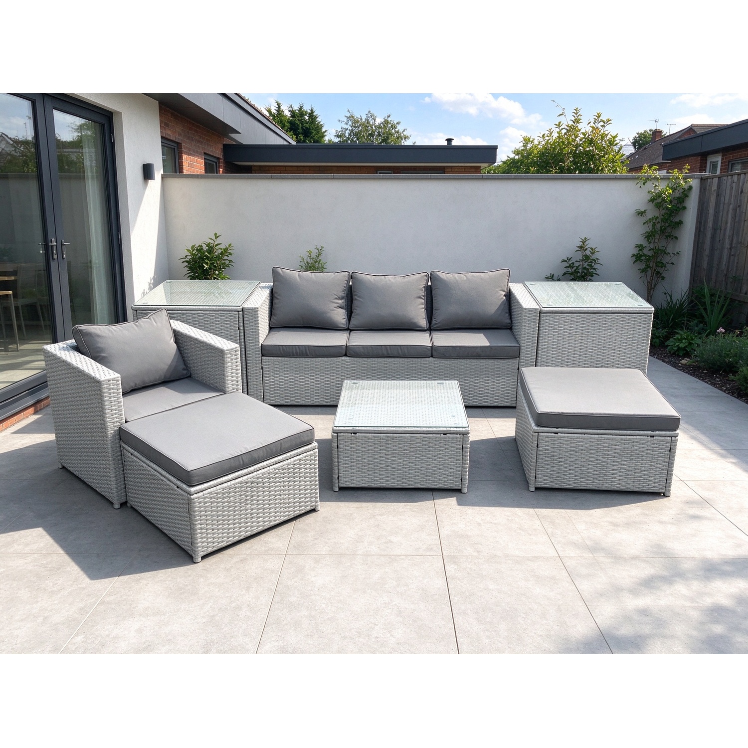 Rackhams Light/Grey Garden Outdoor Furniture Set 6 Seater Rattan Sofa Set With 2 Big Footstools Armchair 2 Side Tables Mixed - Image 2