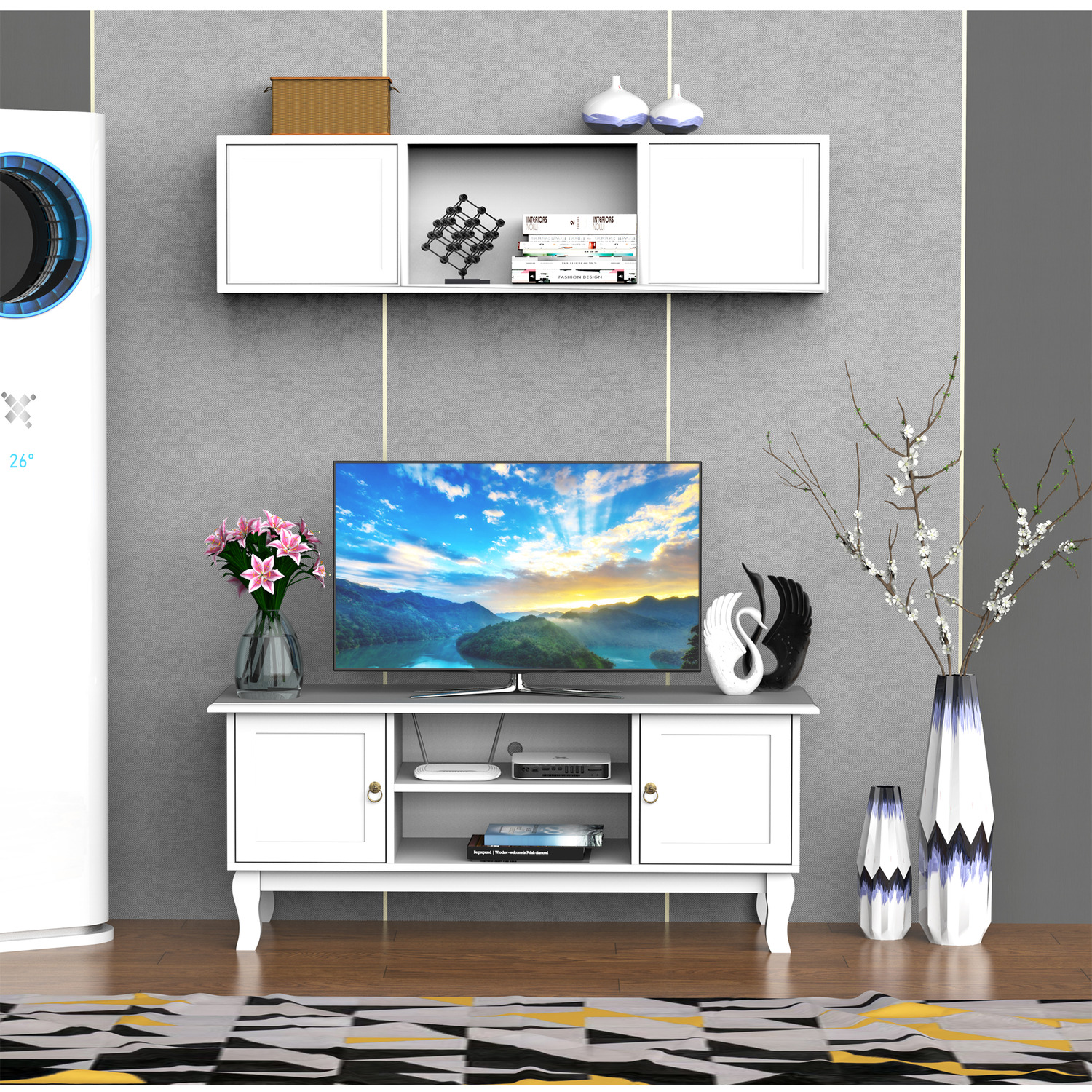 High Gloss Tv Stand Unit With Drawer - White