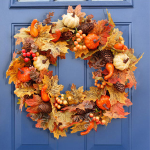 Hanging Autumn Wreath with Maple Leaves Pumpkins