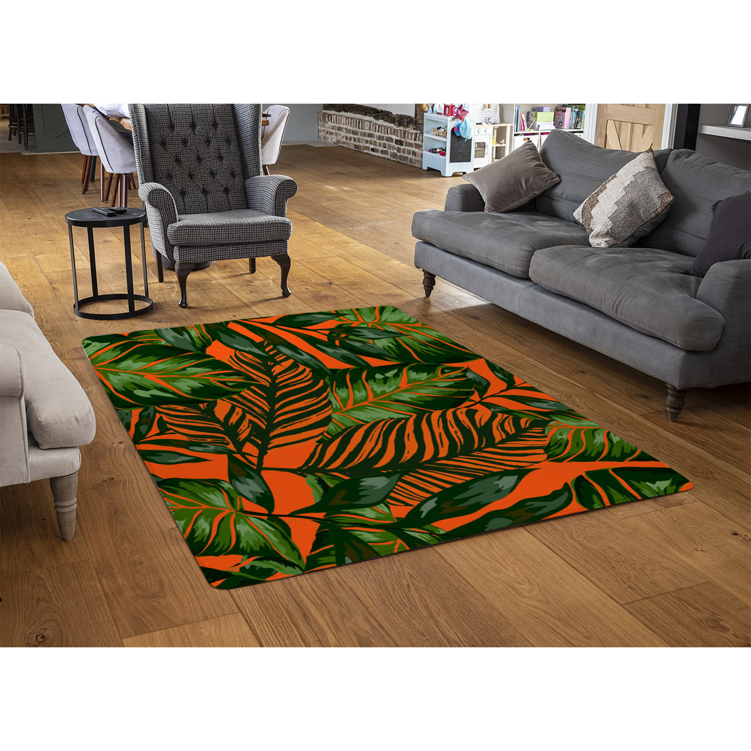 Green Tropical Leaves On Orange Rug - Green / 150cm thumbnail