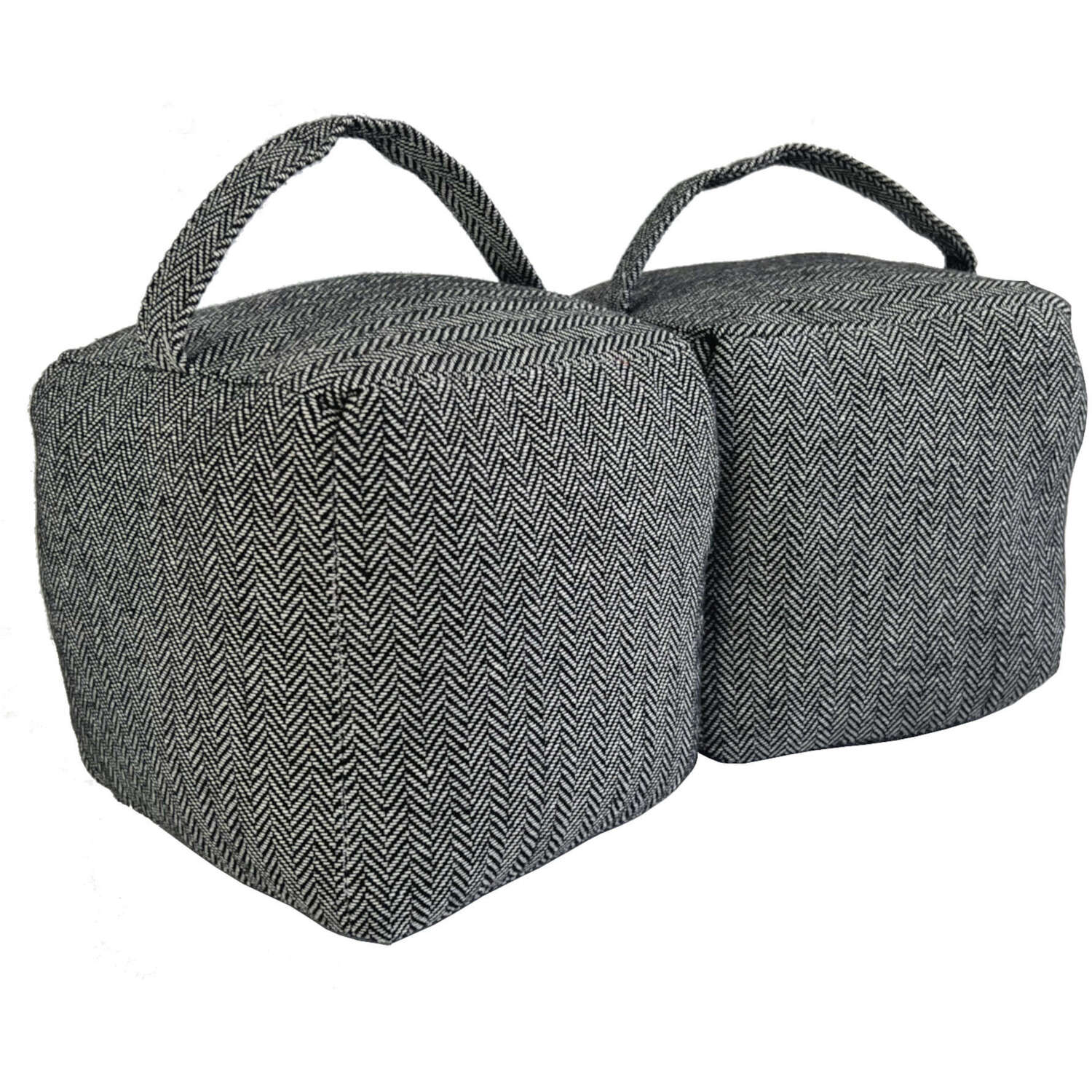 Pack of 2 Herringbone Fabric Heavy Weighted Cube Door Stops Stoppers with Handle - Grey
