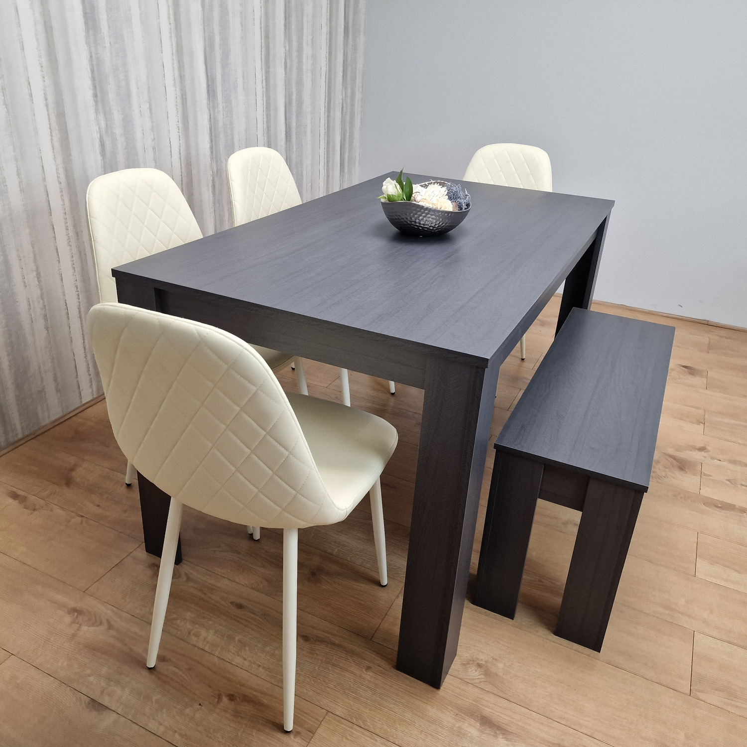KOSY KOALA - Dining Table Set 4 Grey and 4 Diamond Stitched Cream Chairs with 1 Bench - Charcoal thumbnail