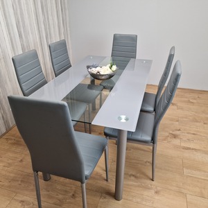 Grey Grey Glass Dining Table and 6 Faux Leather Chairs Set shot 4217643