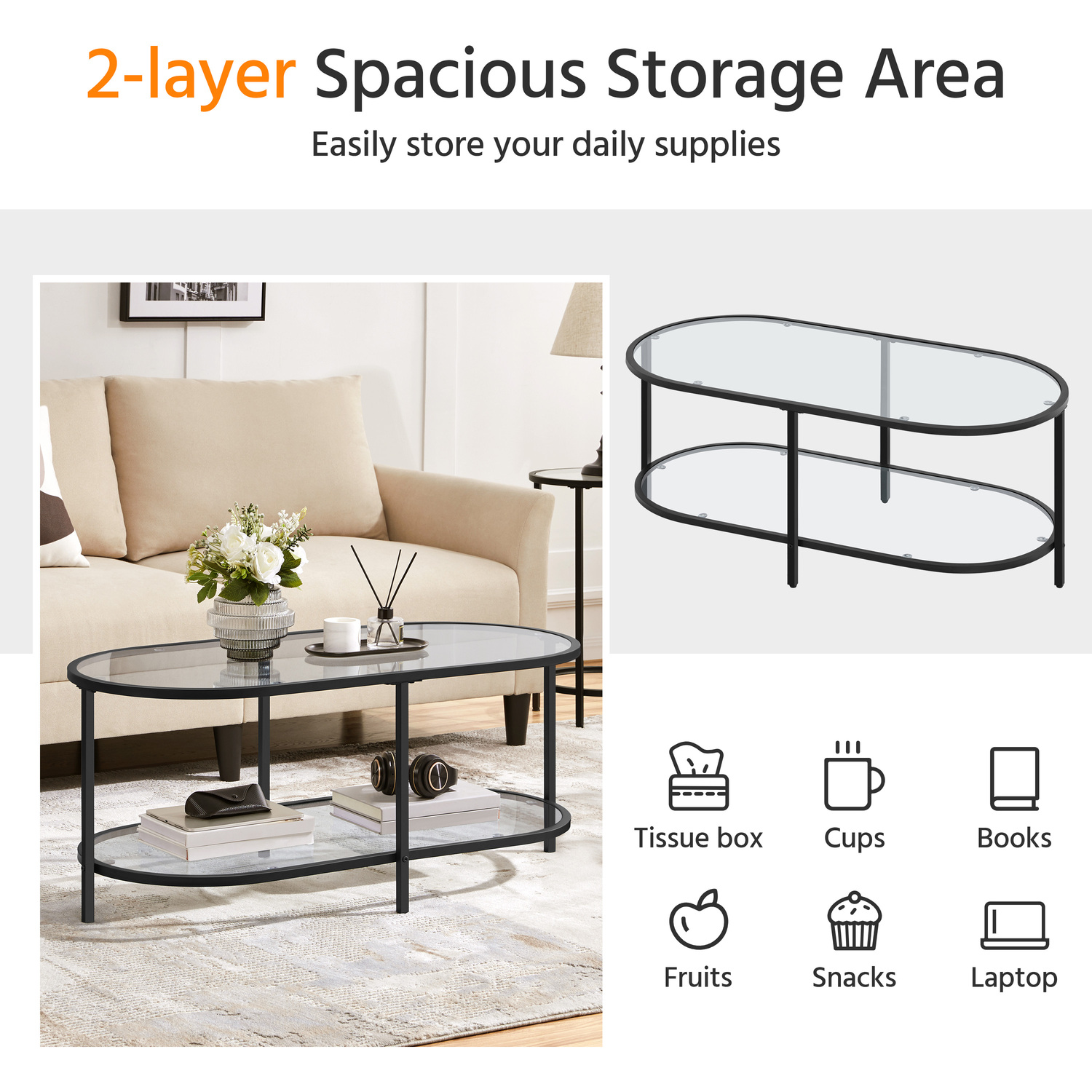 Yaheetech Modern Clear Glass Oval Coffee Table - Black