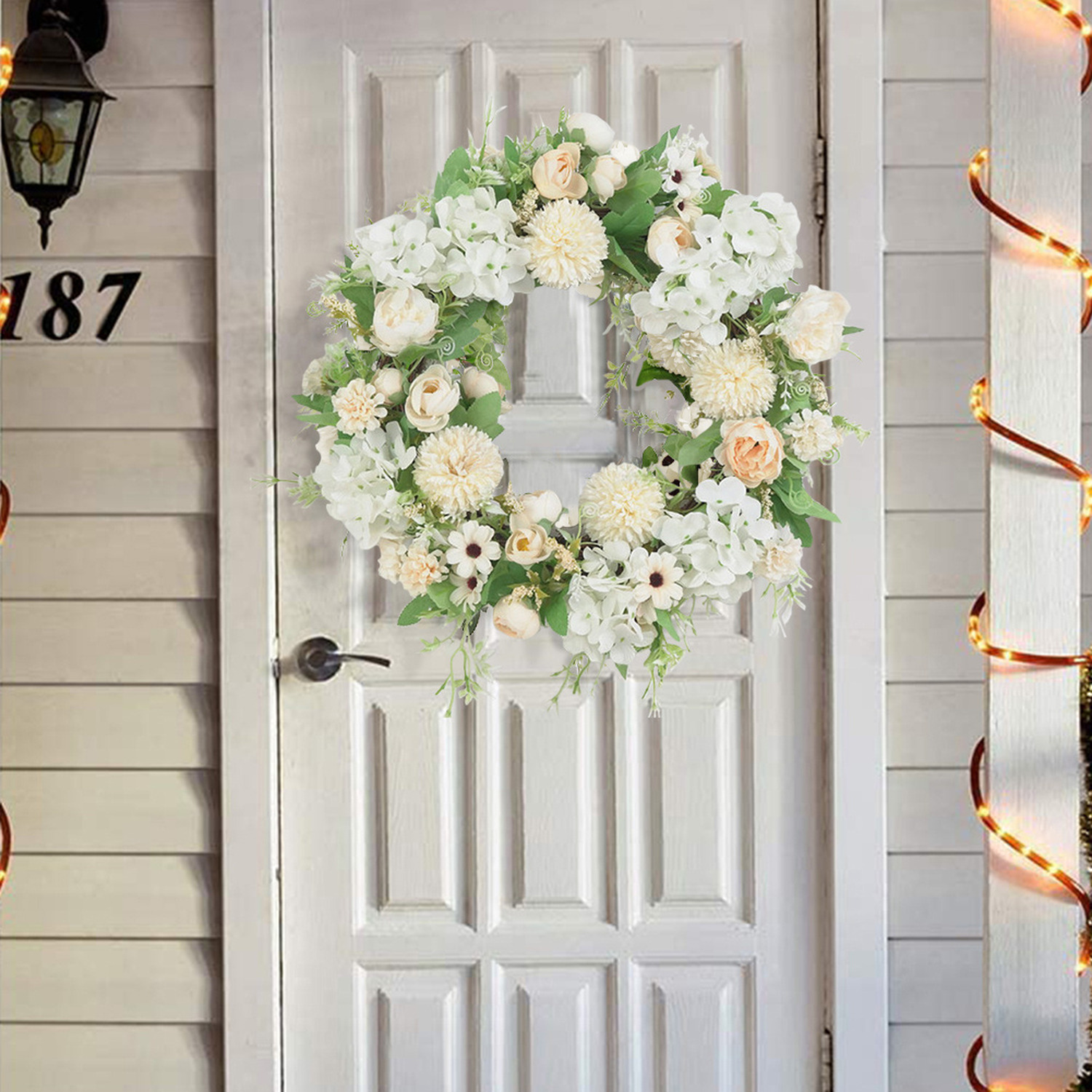 Livingandhome Spring Peony Flower Wreath - Champagne White