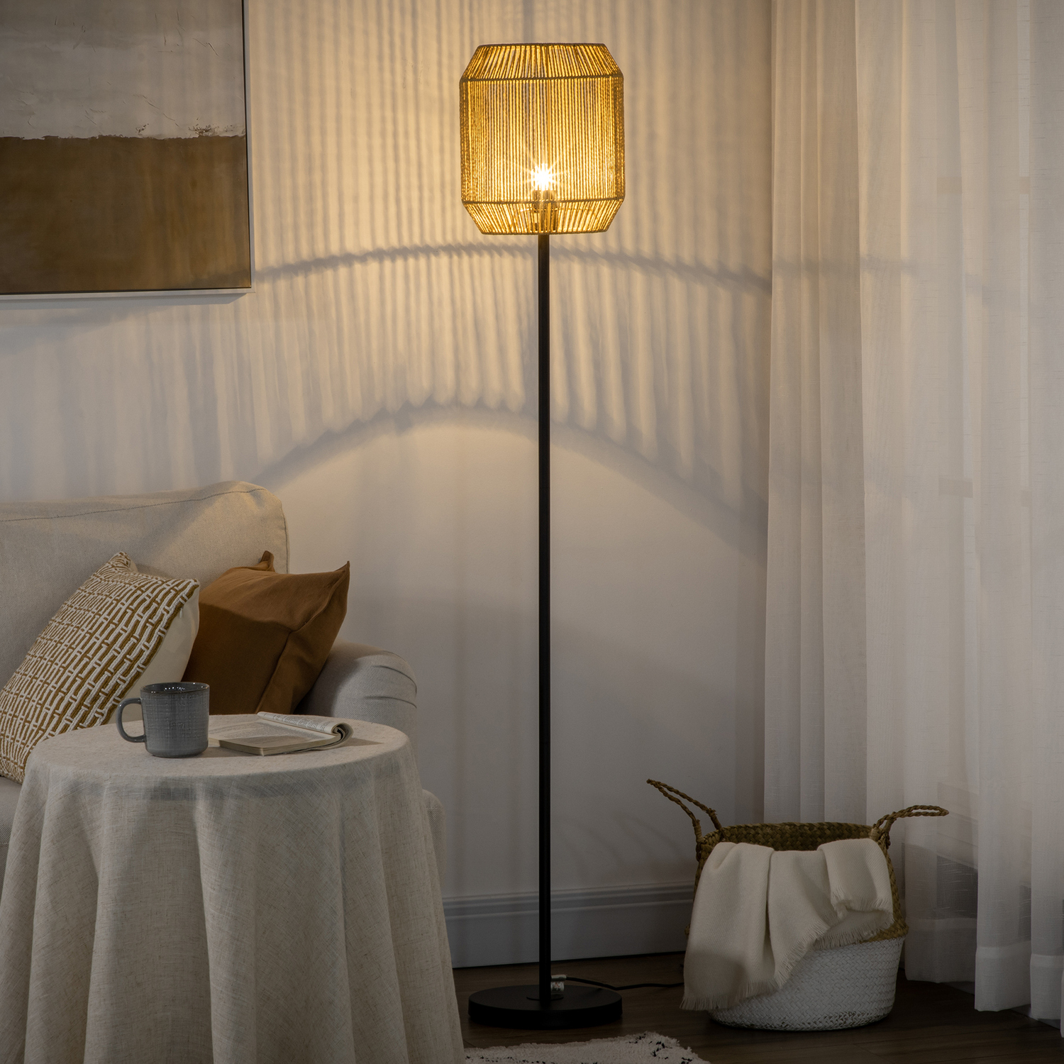 HOMCOM Farmhouse Floor Lamp with Rattan Shade - natural
