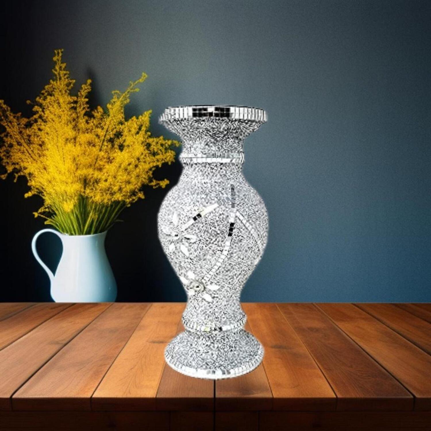 Silver Vase Statue Sparkle Crushed Diamond Ornament Flower Pot - Silver