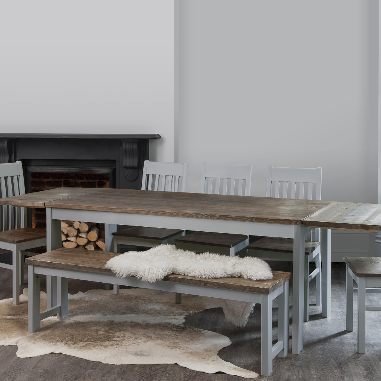 Hever Dining Table Set In Grey And Dark Pine - Grey