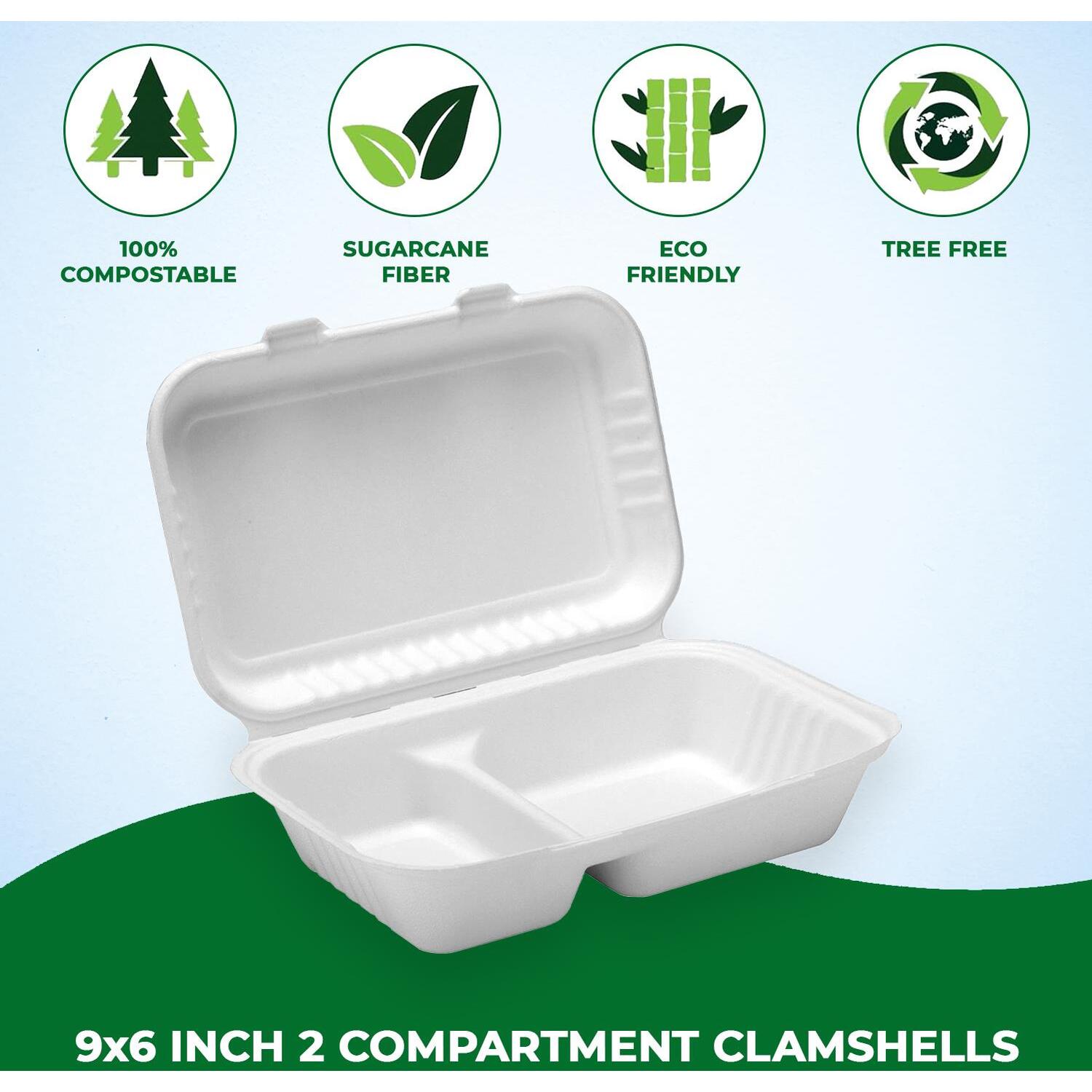 2 Compartment Disposable Bagasse Clamshell Takeaway Boxes