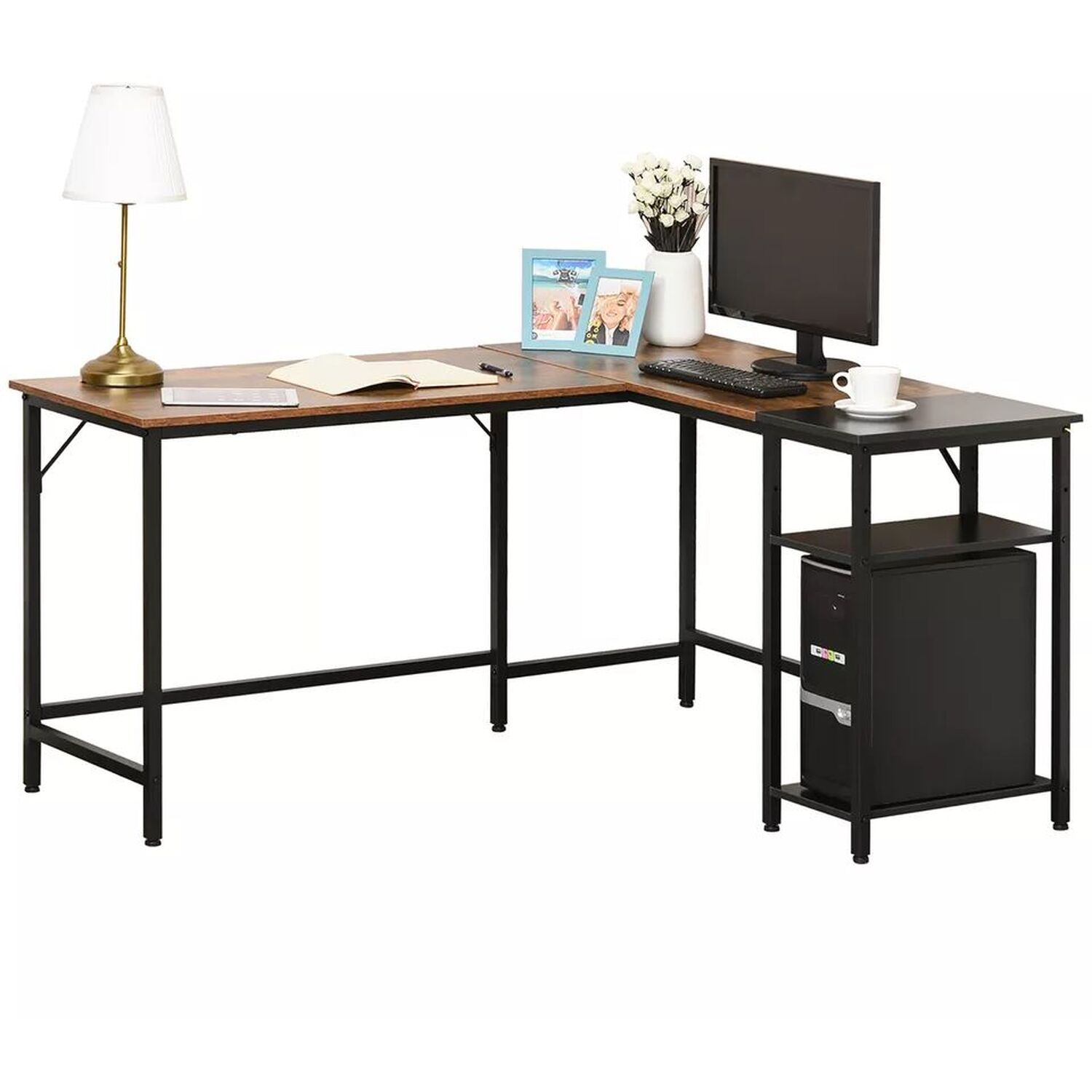 L Shaped Computer Desk With Shelves - Brown And Black