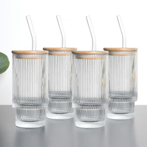 Pack of 4 Ribbed Tumblers with Lid and Straw