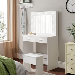 White Vanity Set with Illuminated Mirror, 2 Drawers, and Stool