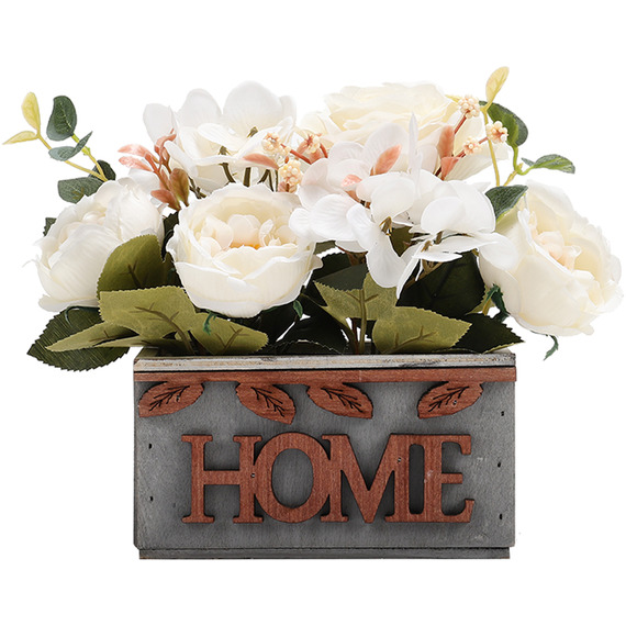 Faux Hydrangea Peony in Wooden Vase