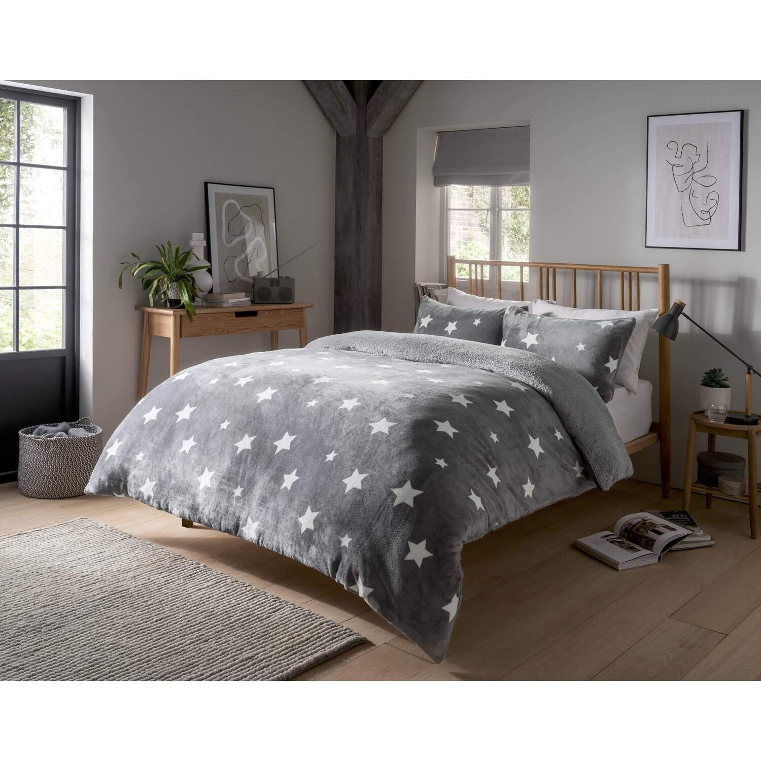 Dreaming Stars Reversible Teddy Duvet Set - Grey Double