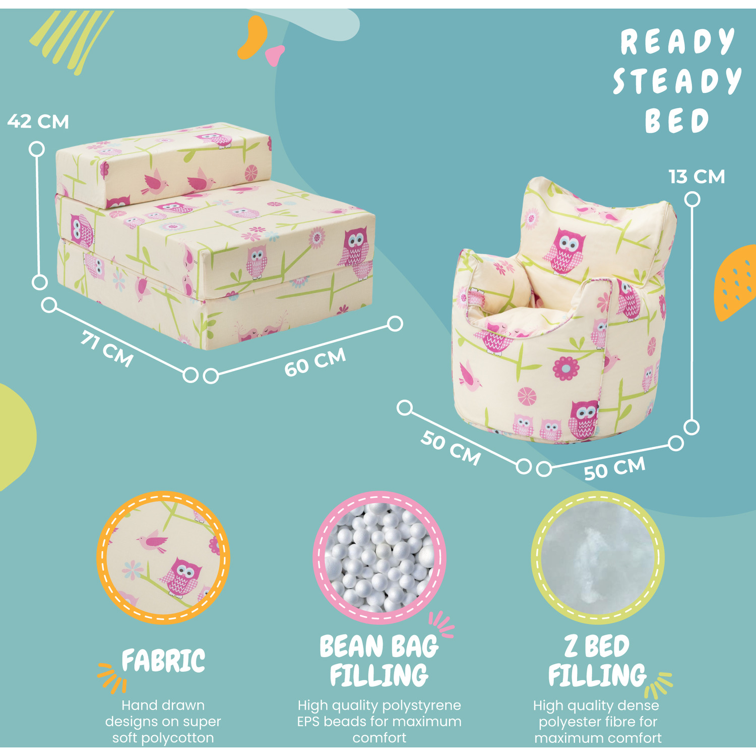 Printed Kids Bean Bag Armchair And Folding Z Bed Mattress - Owls