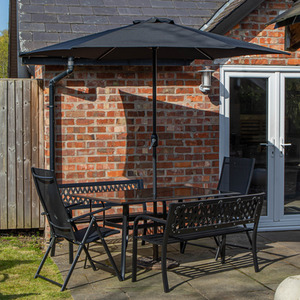 6 Person Glass Top Table Benches Chair Parasol and Base
