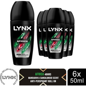 Lynx Africa Anti Perspirant Roll On 48 Hours Anti Sweat Protection 50ml, 6 Pack