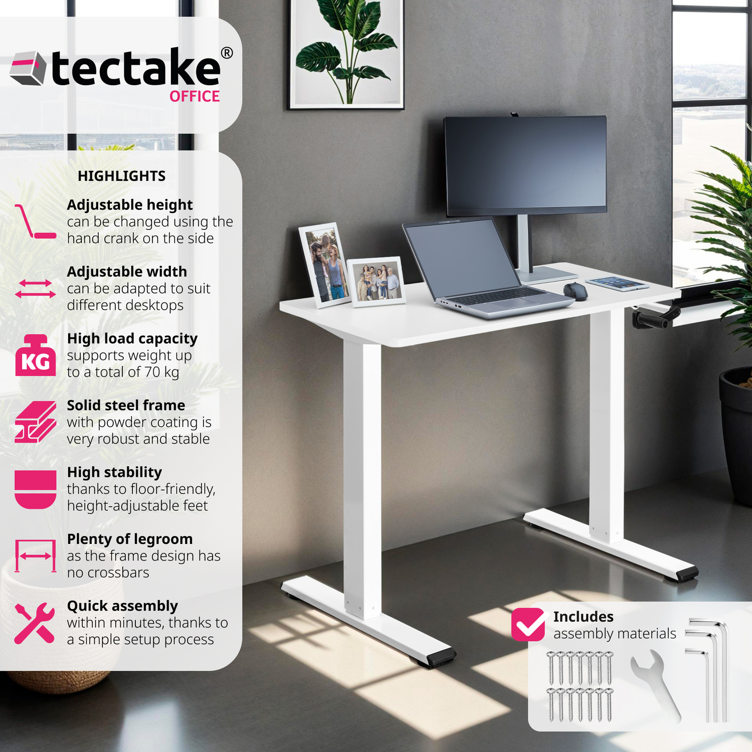 Sit Stand Desk Stepless Height-adjustment Hand Crank Width-adjustable - White