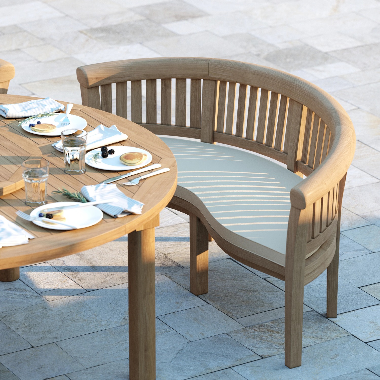Bercial Teak Garden Dining Table And 4 Seat Chair Set - Teak Table 2 Chairs 2 Benches Cream Cushions